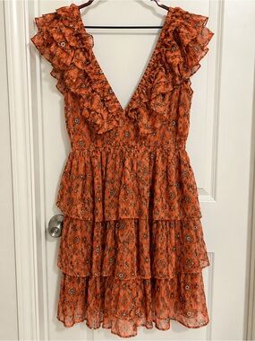 Tiered V-Neck Ruffle Midi Dress in Rust Floral